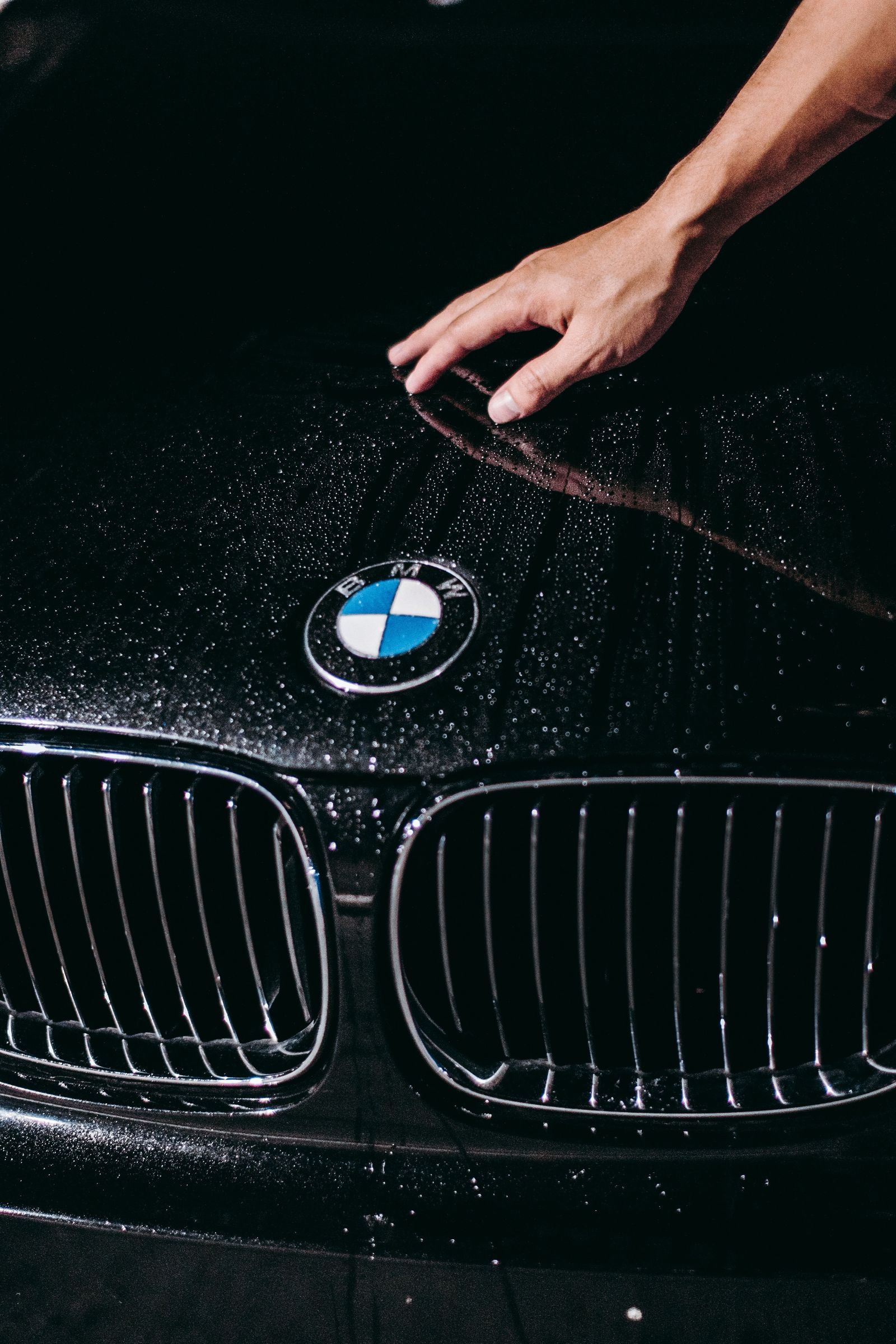 Water beading on a freshly coated hood